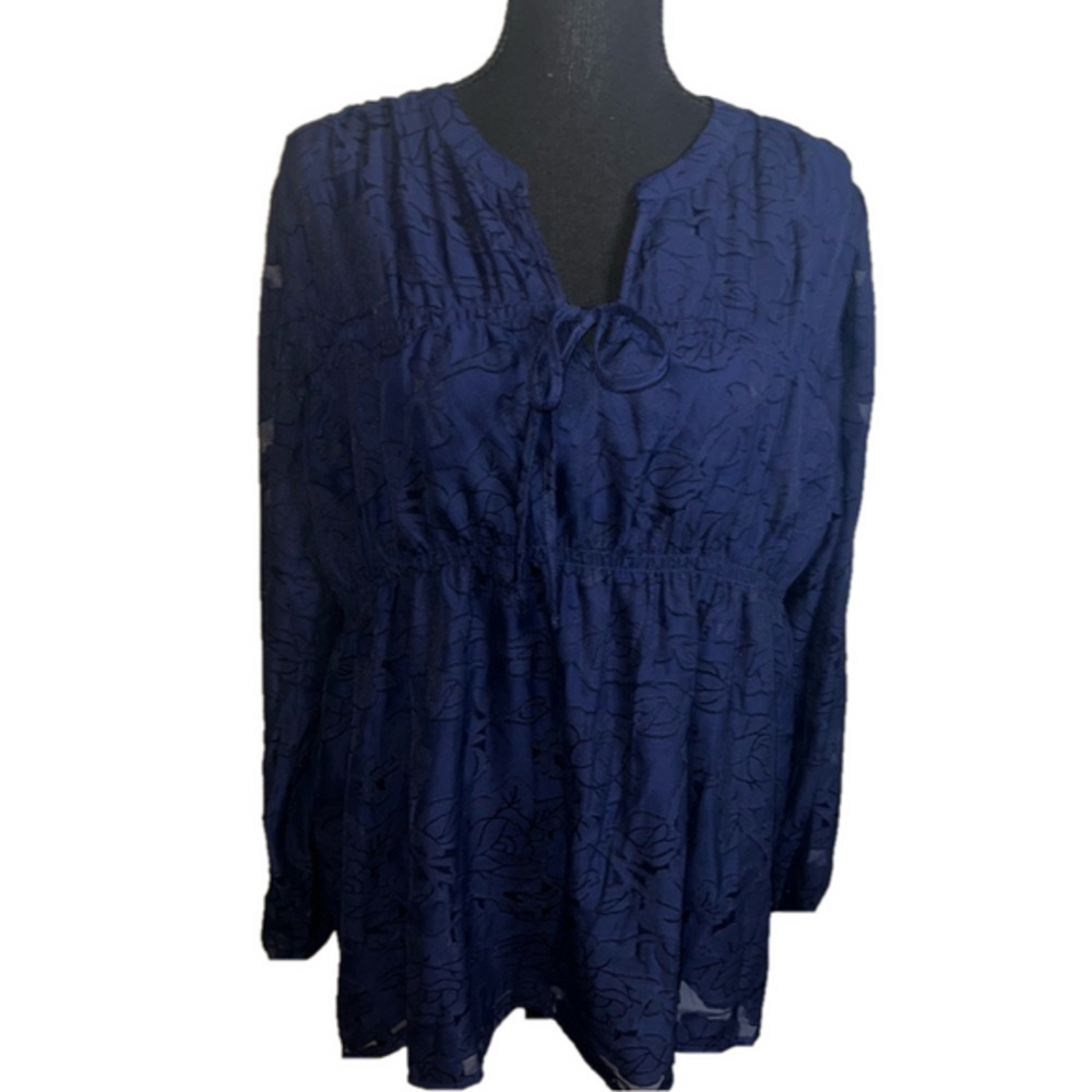 MASON & BELLE Boutique Top Navy Lace Blouse Long Sleeve Cinched Waist XL